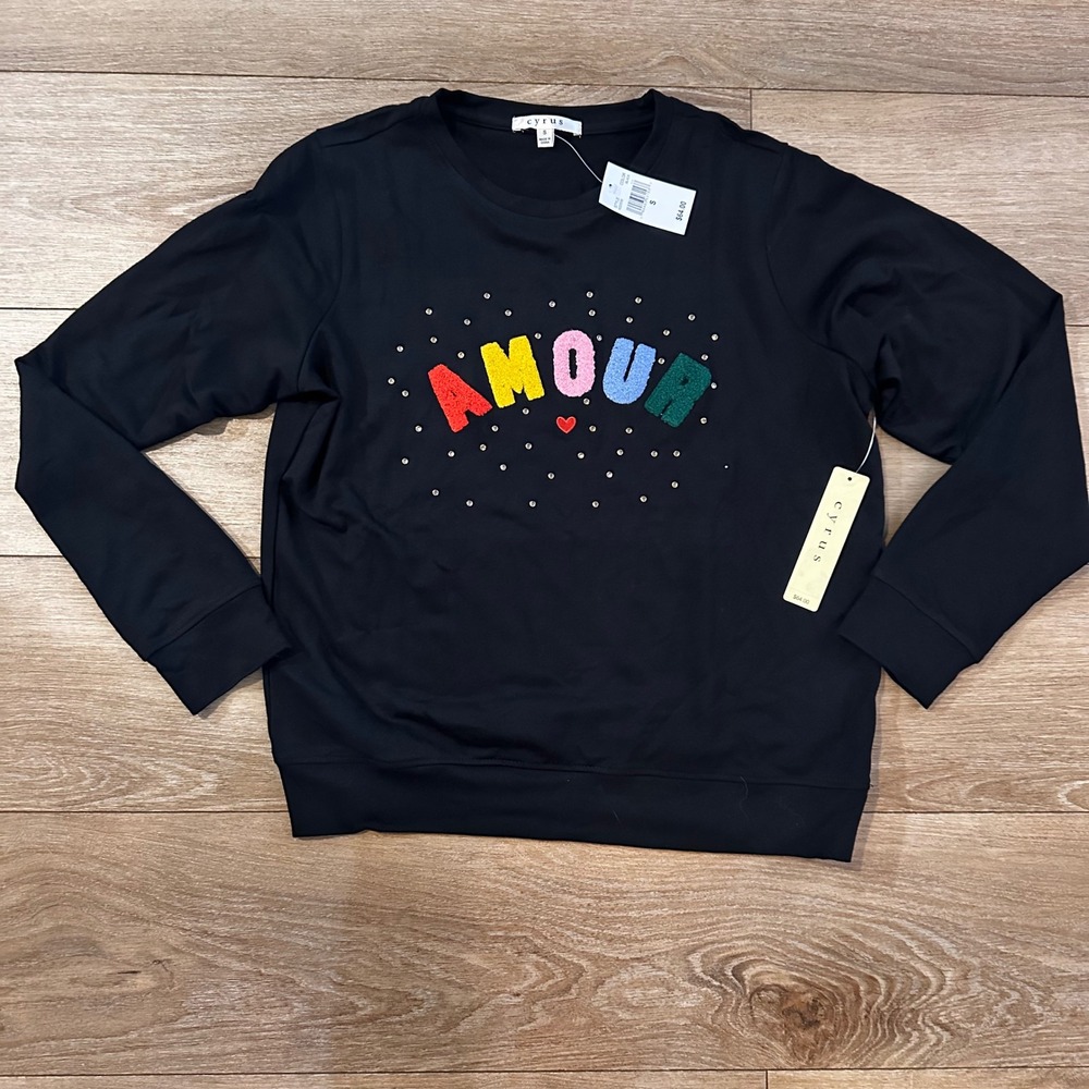 Cyrus Amour Rhinestone Embellished L/S T-Shirt Black Multi Color Chenille Small